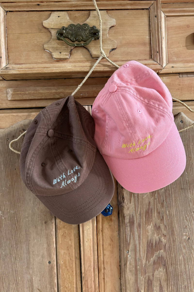 brown and pink cotton canvas caps with embroidery by illoura the label