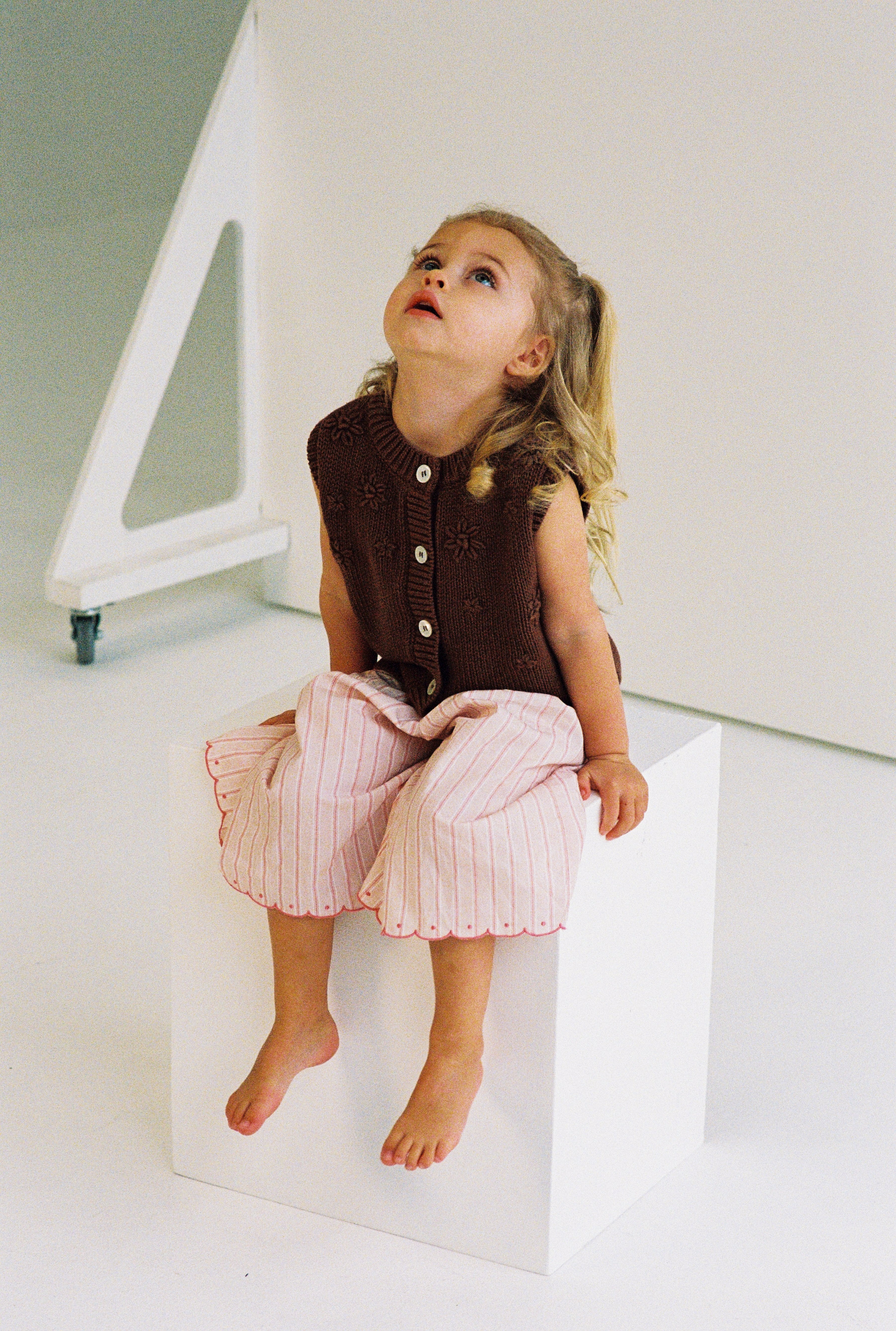 girls woven cotton wide leg pants with scalloped edging and pink stripe pattern