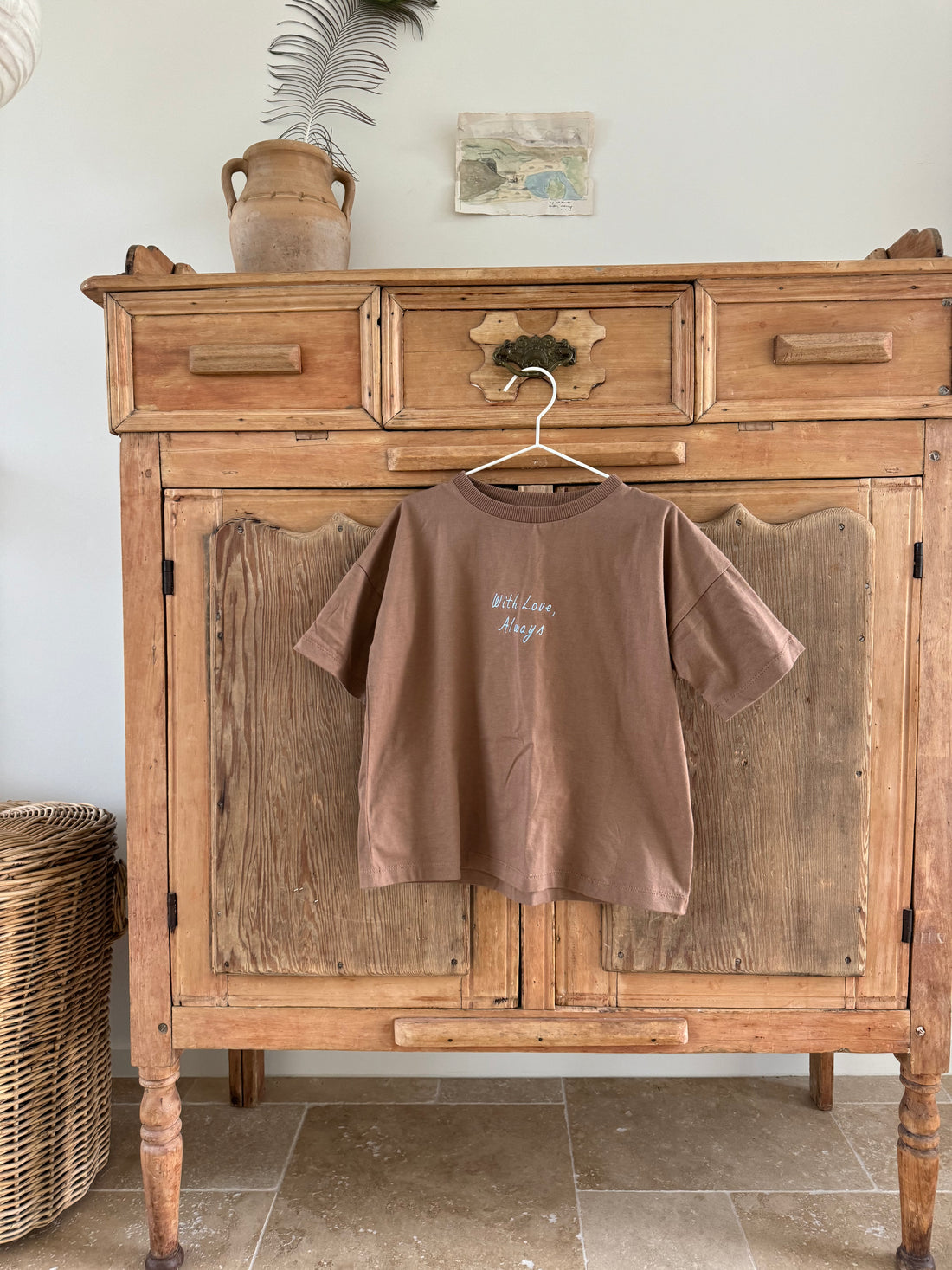 100% cotton oversized chocolate tee with blue embroidery