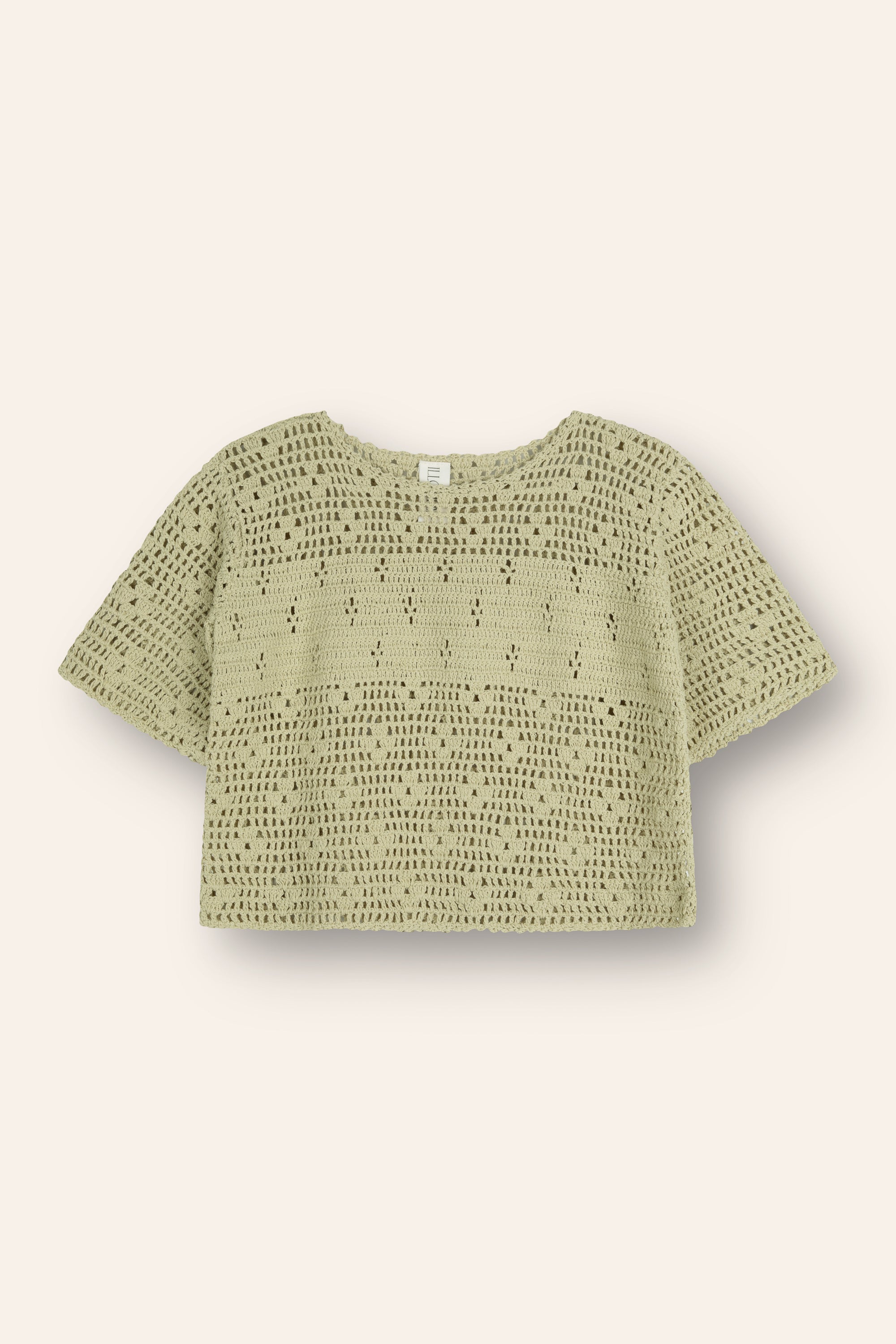 100% cotton moss coloured crochet top featuring floral filet design