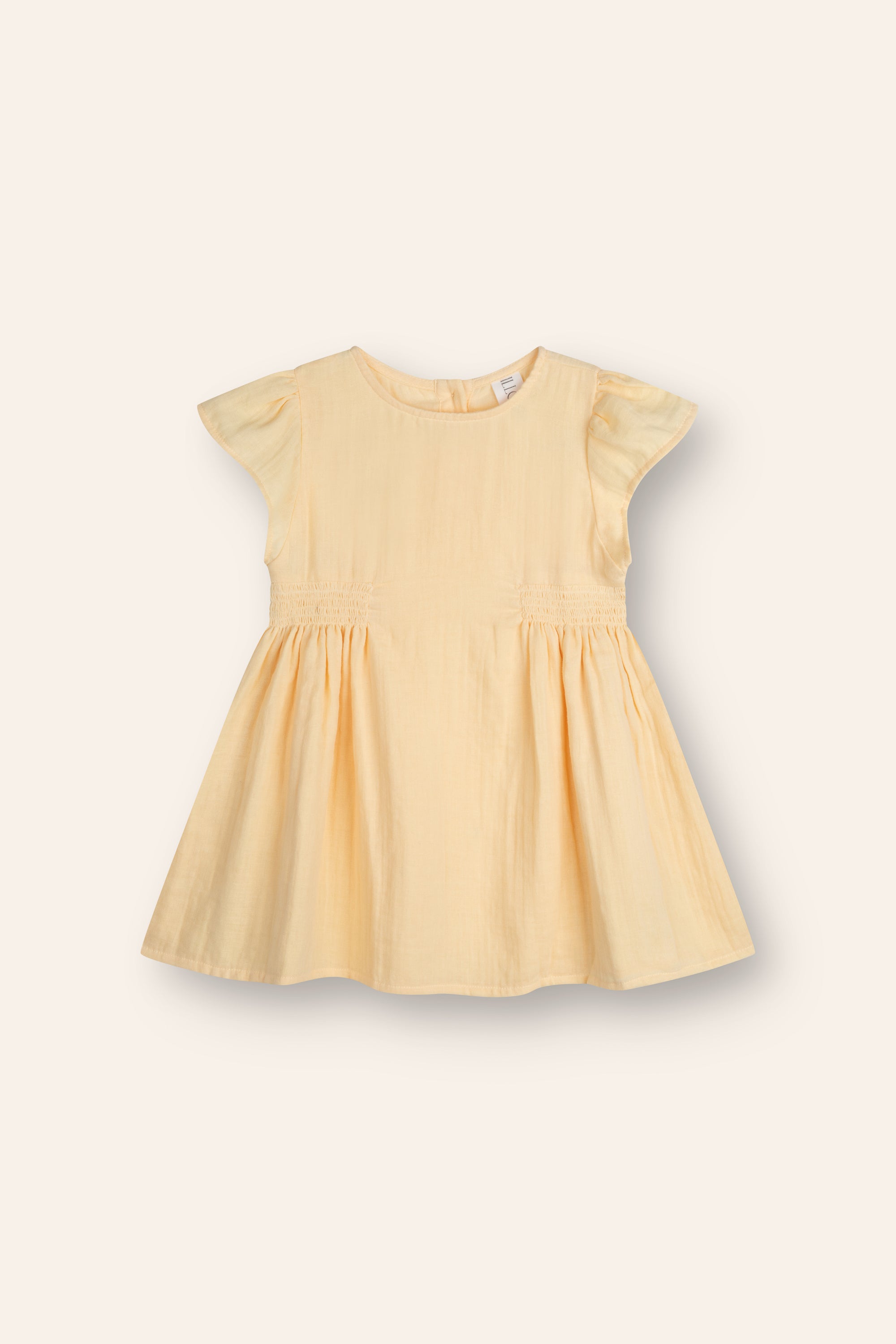 butter yellow mini dress for girls with flutter sleeves and shirring