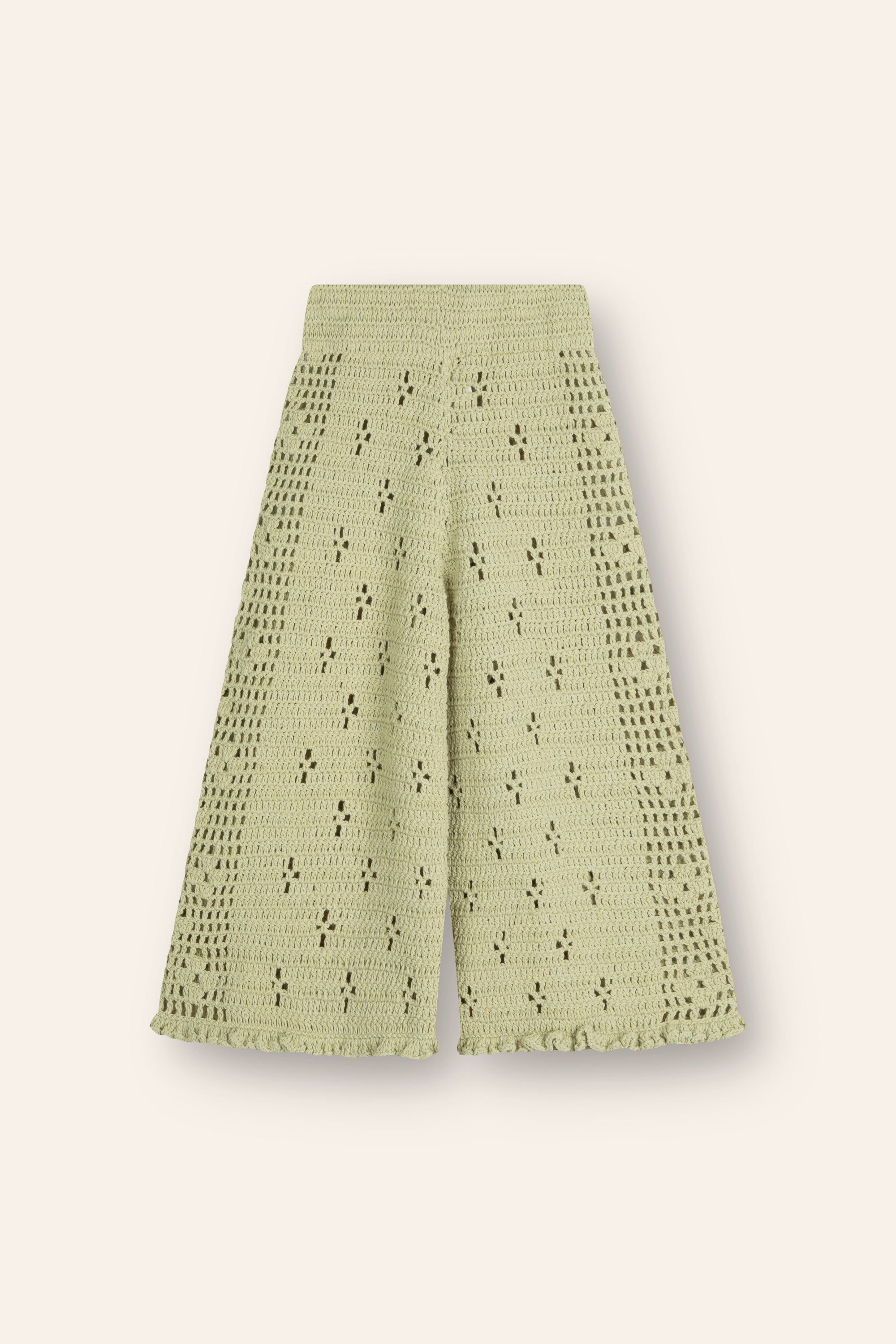 100% cotton crochet pants in moss colour with an elasticated waist and floral filet design throughout