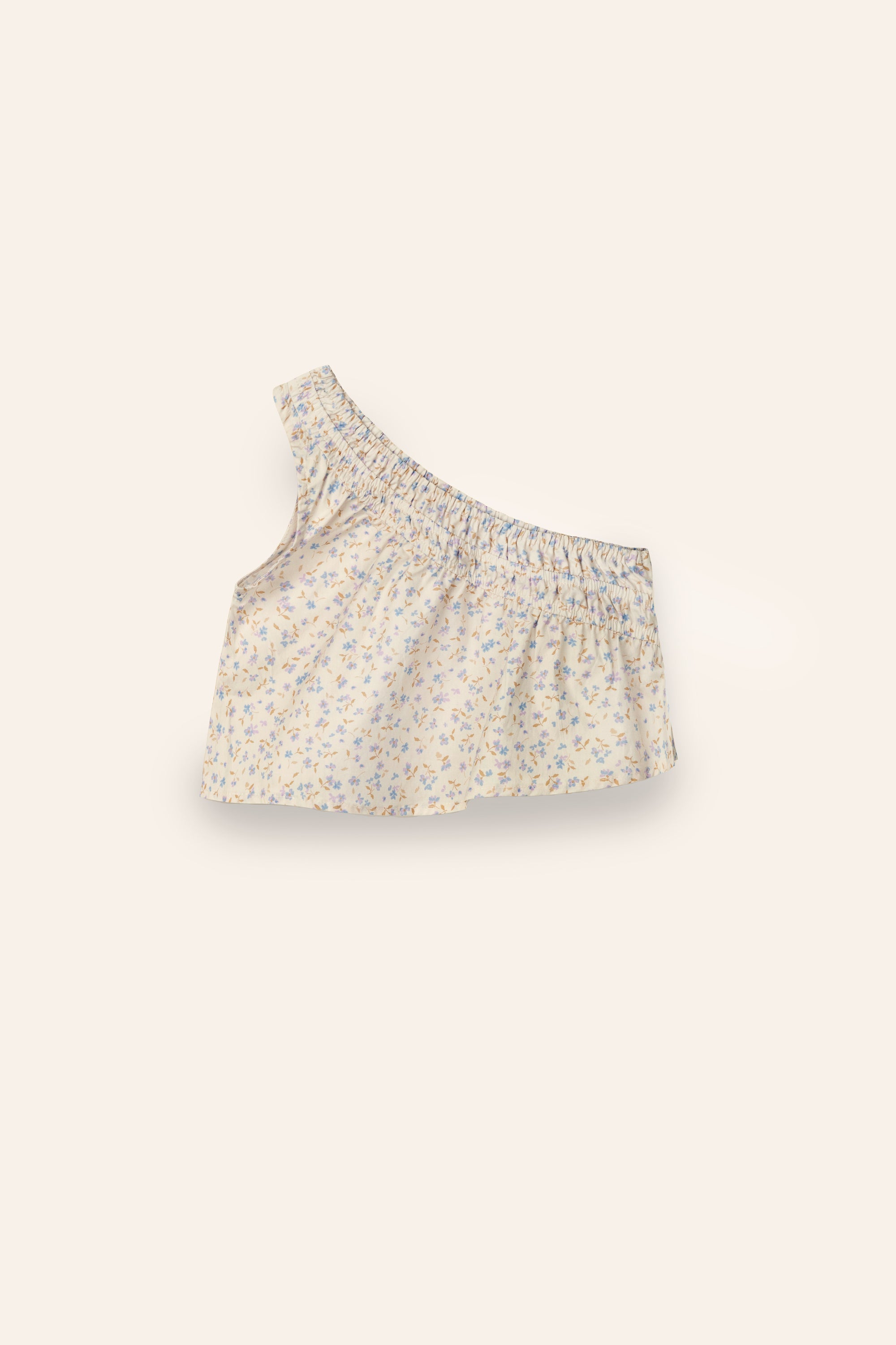 girls one shoulder floral print top in 100% cotton poplin with gathering detail