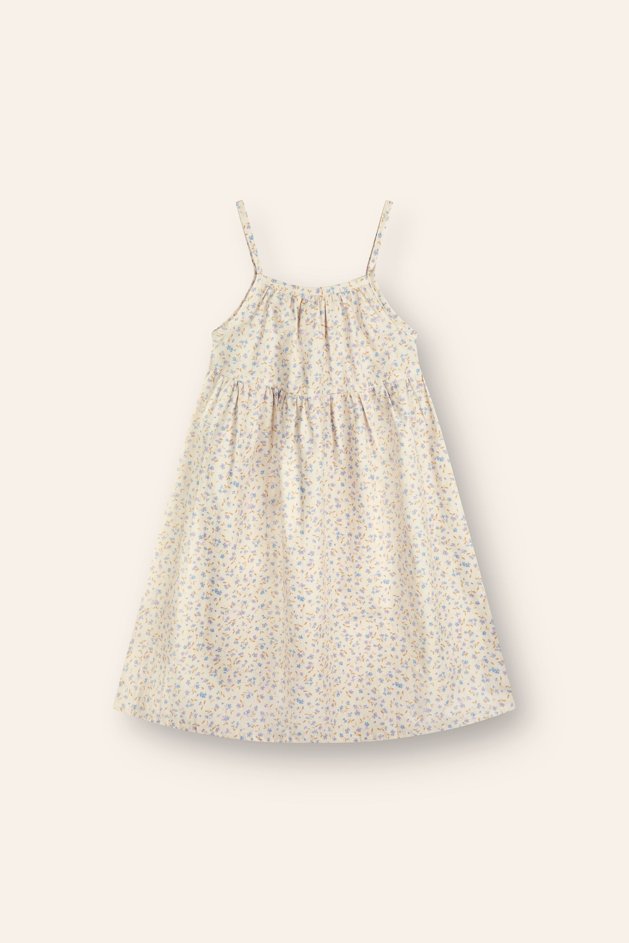 girls 3/4 length floral print dress made from 100% cotton poplin featuring thin straps and soft gathers at waist