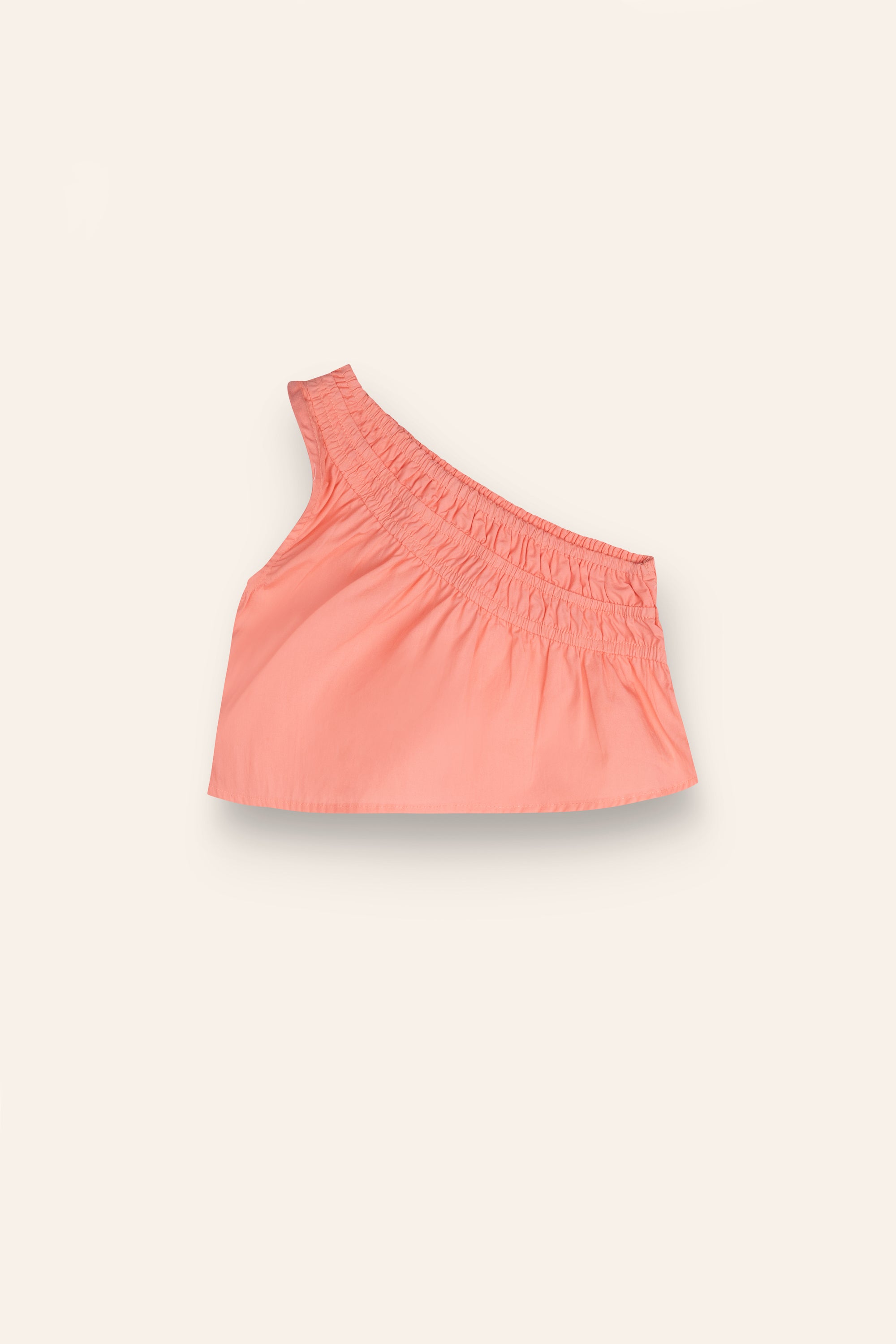girls one shoulder pink top in 100% cotton poplin with gathering detail