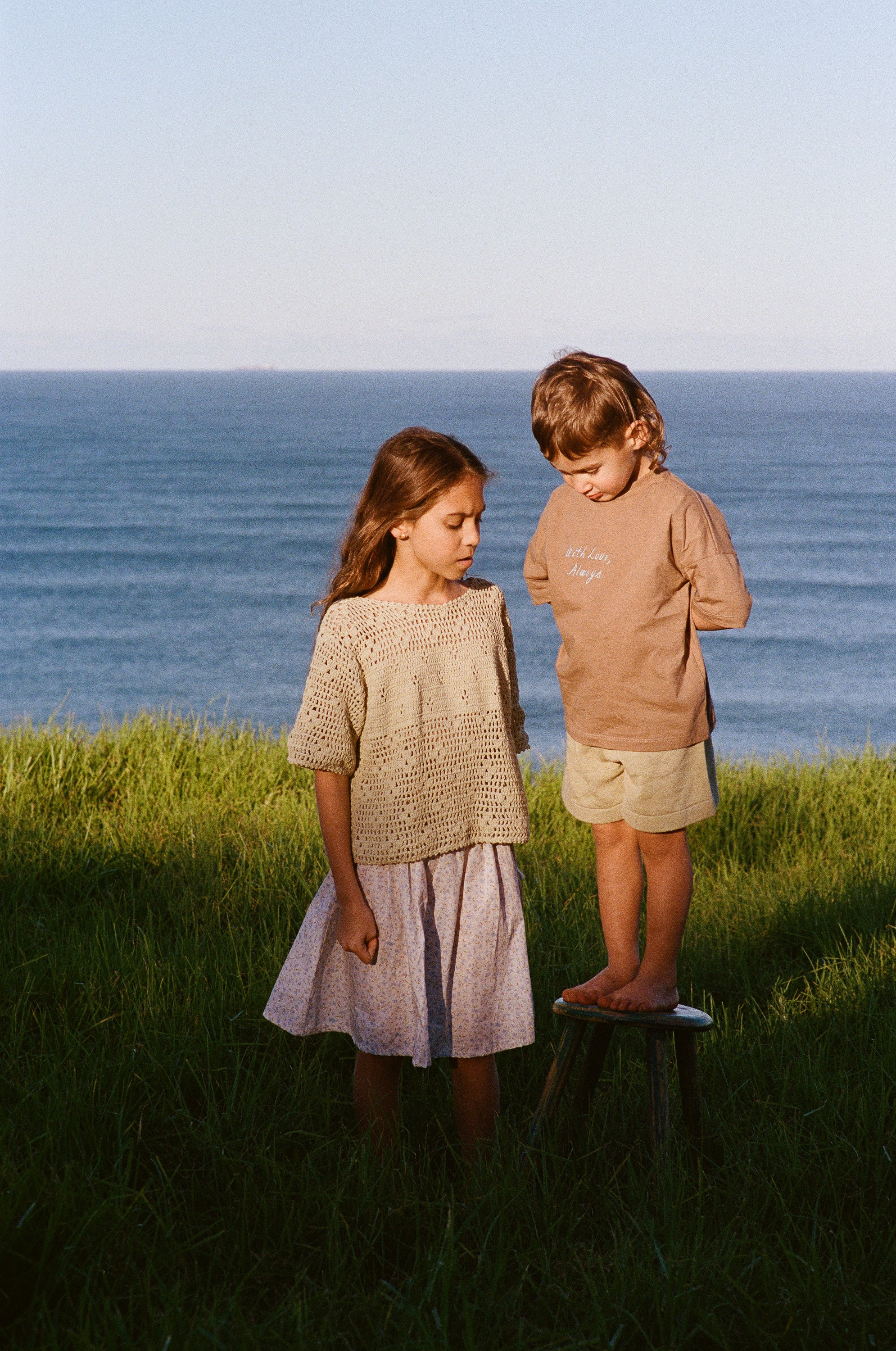 boy wearing cotton jersey t-shirt in chocolate with embroidery by illoura the label