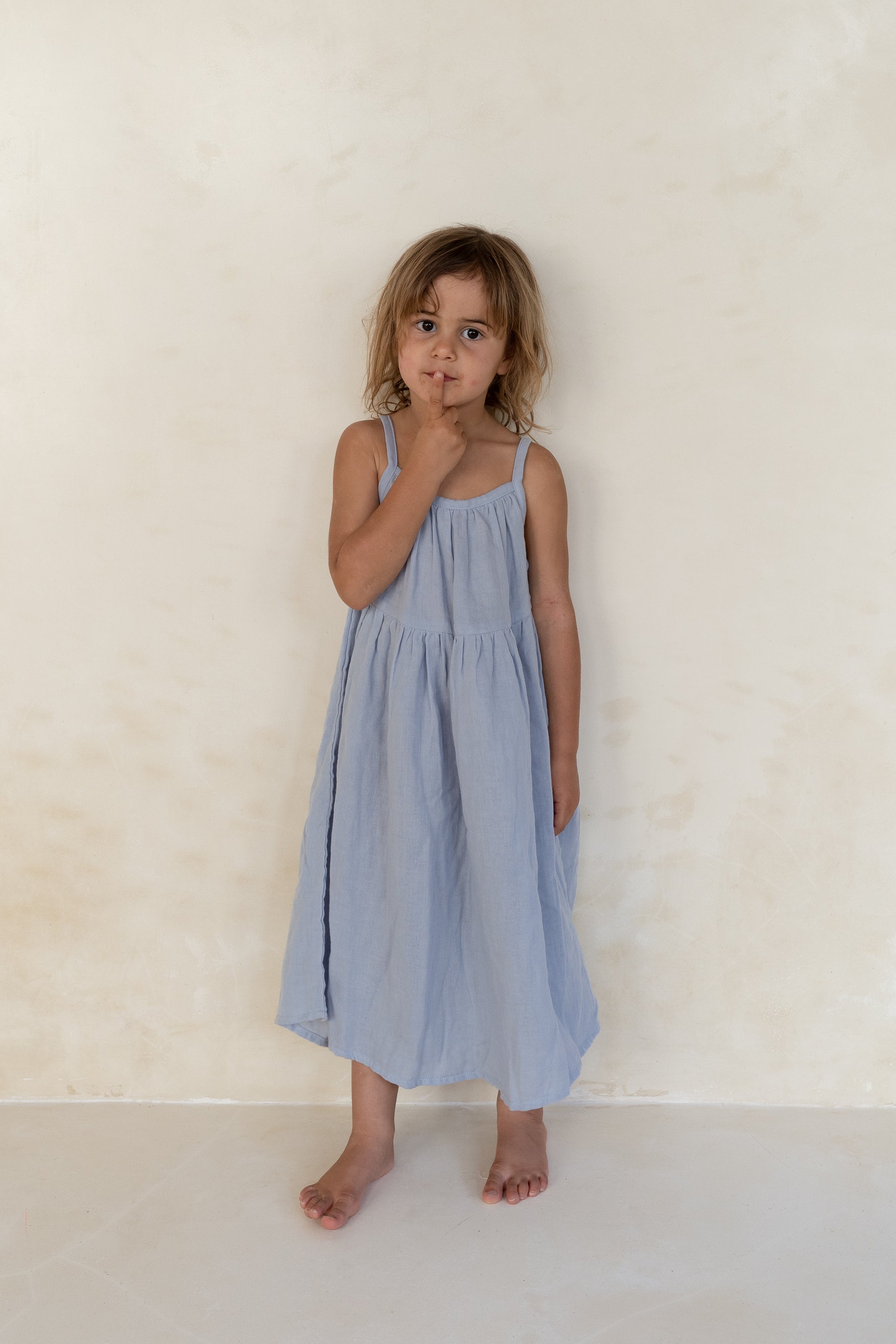 girls cotton woven 3/4 length dress powder blue