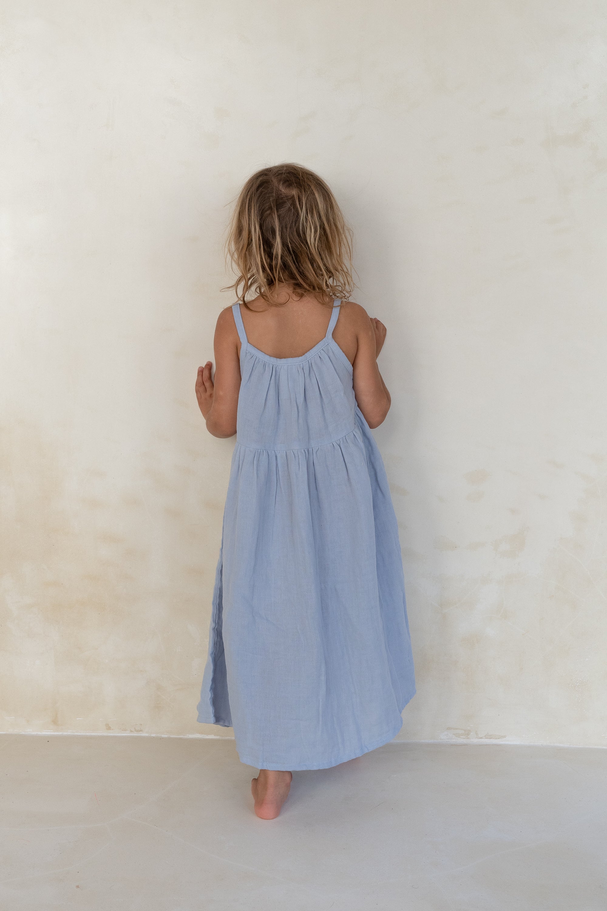 girls cotton woven 3/4 length dress powder blue
