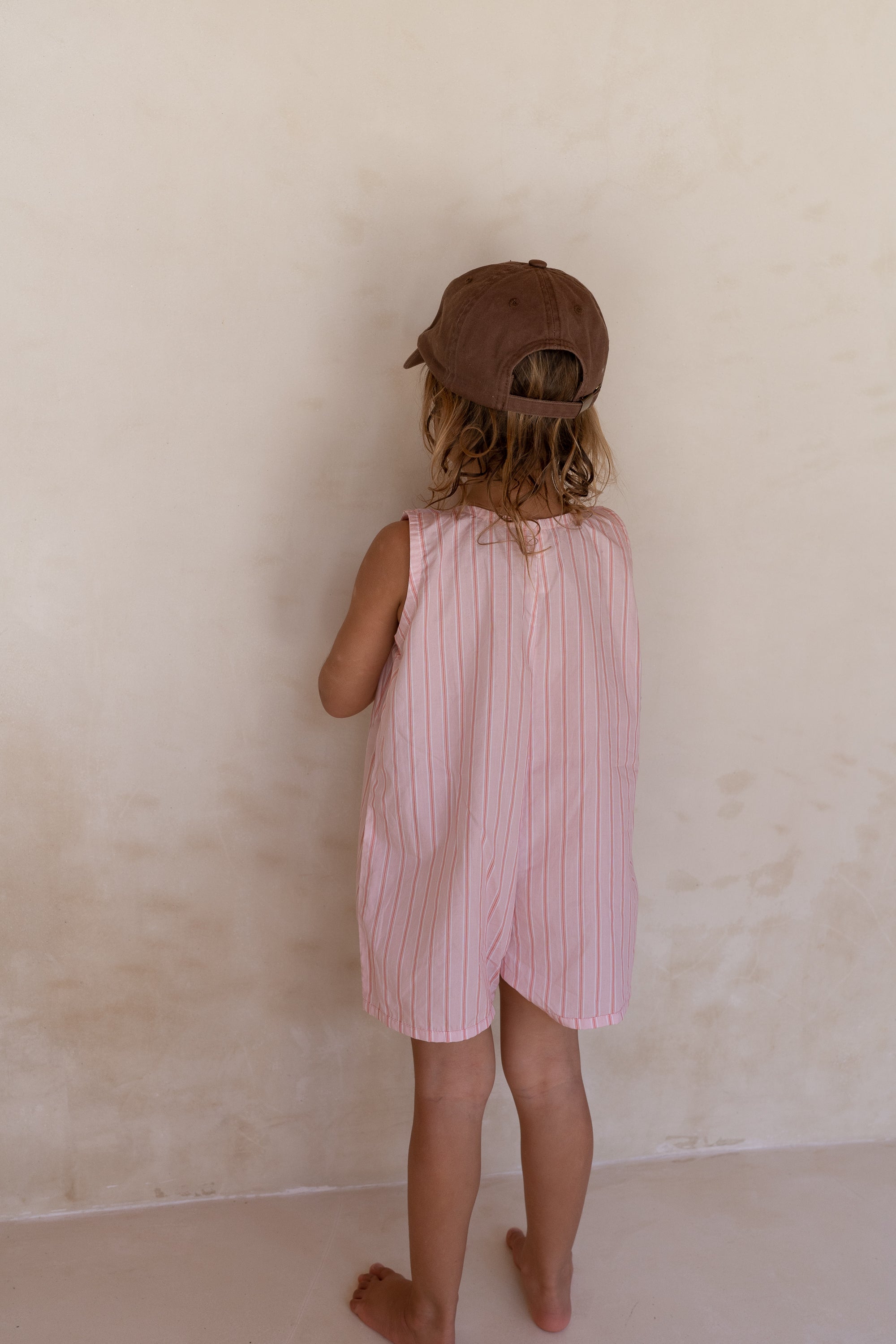 girls woven cotton overalls romper pink stripe