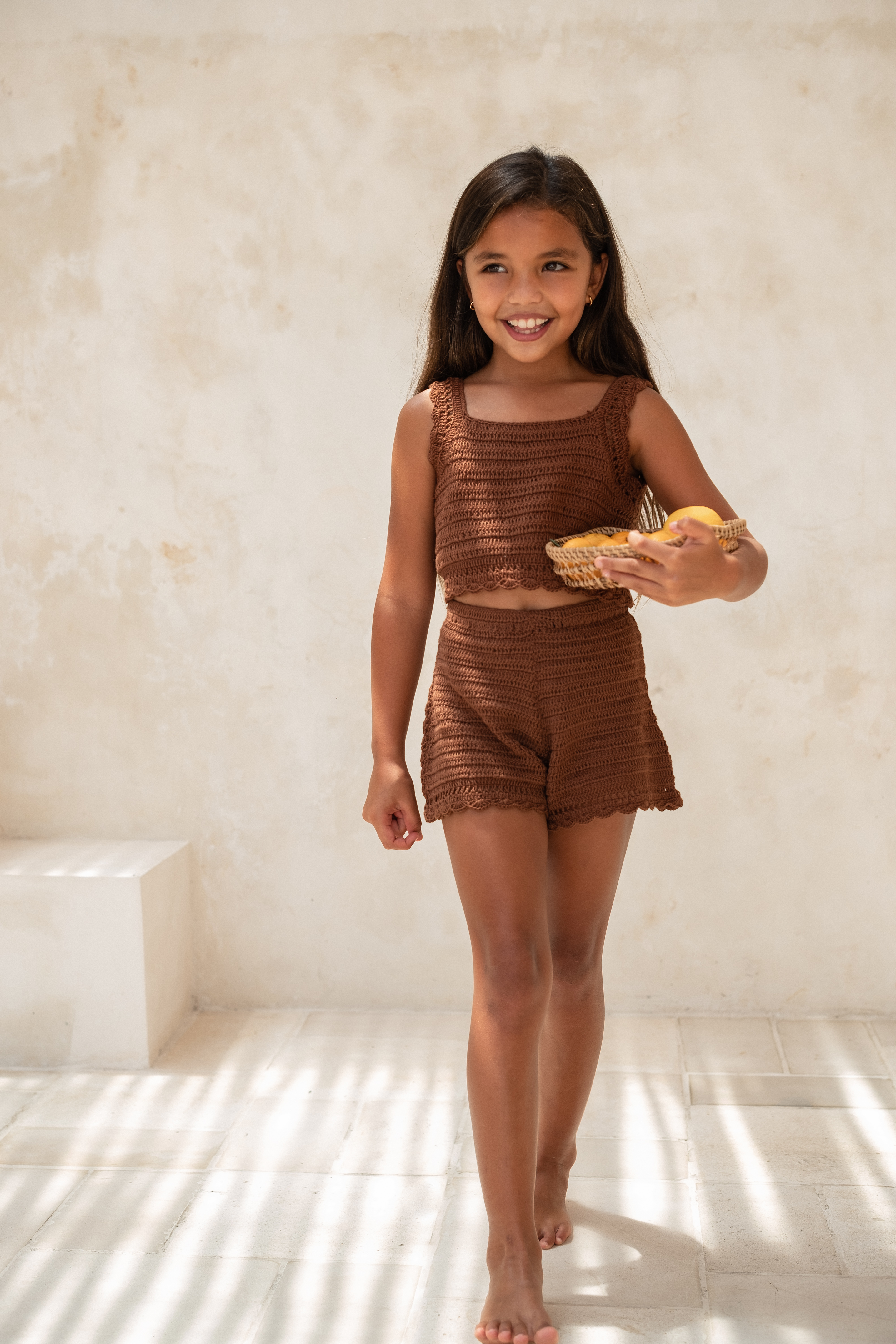 girls natural cotton crochet top and short set
