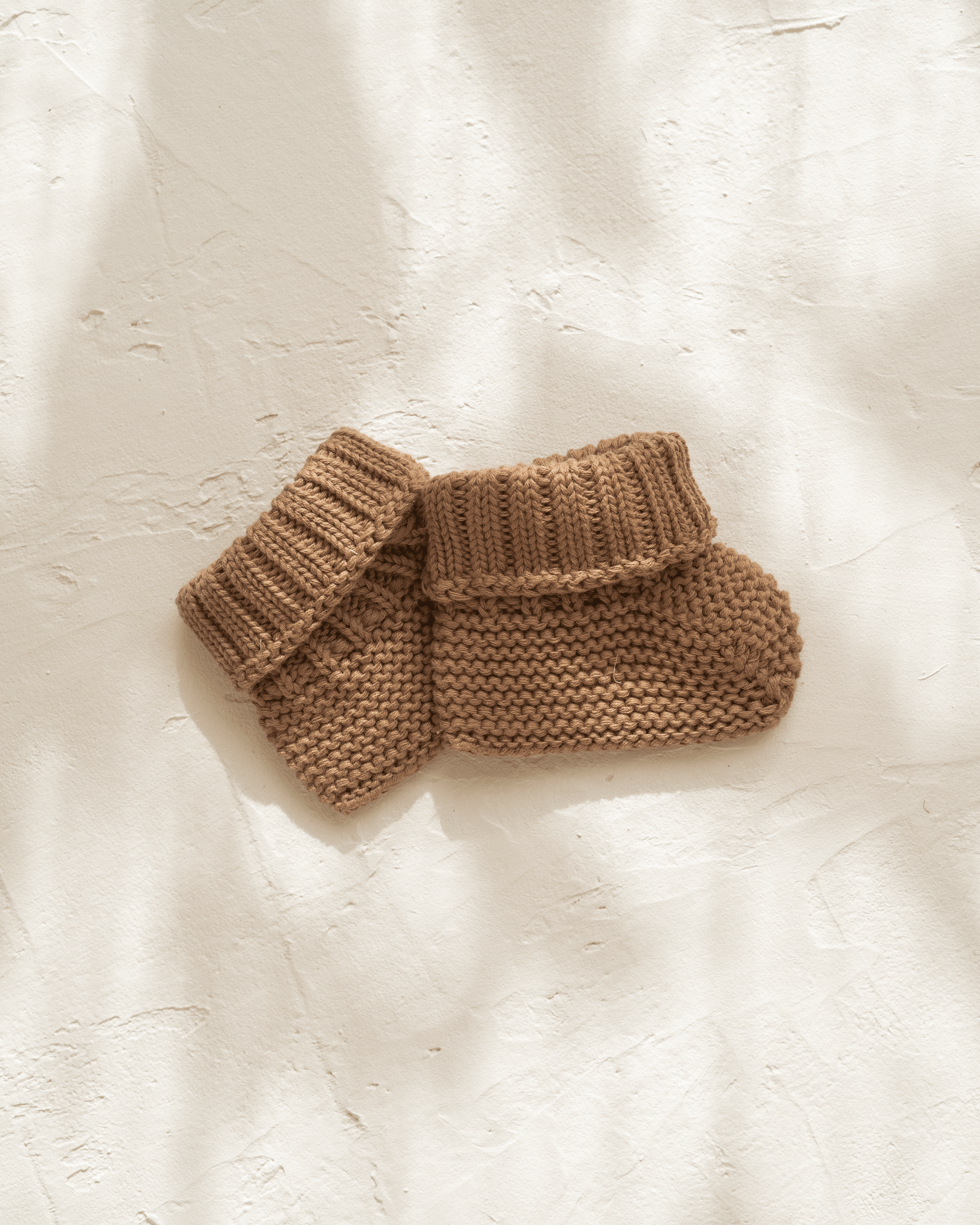 knitted cotton baby booties. Chocolate colour
