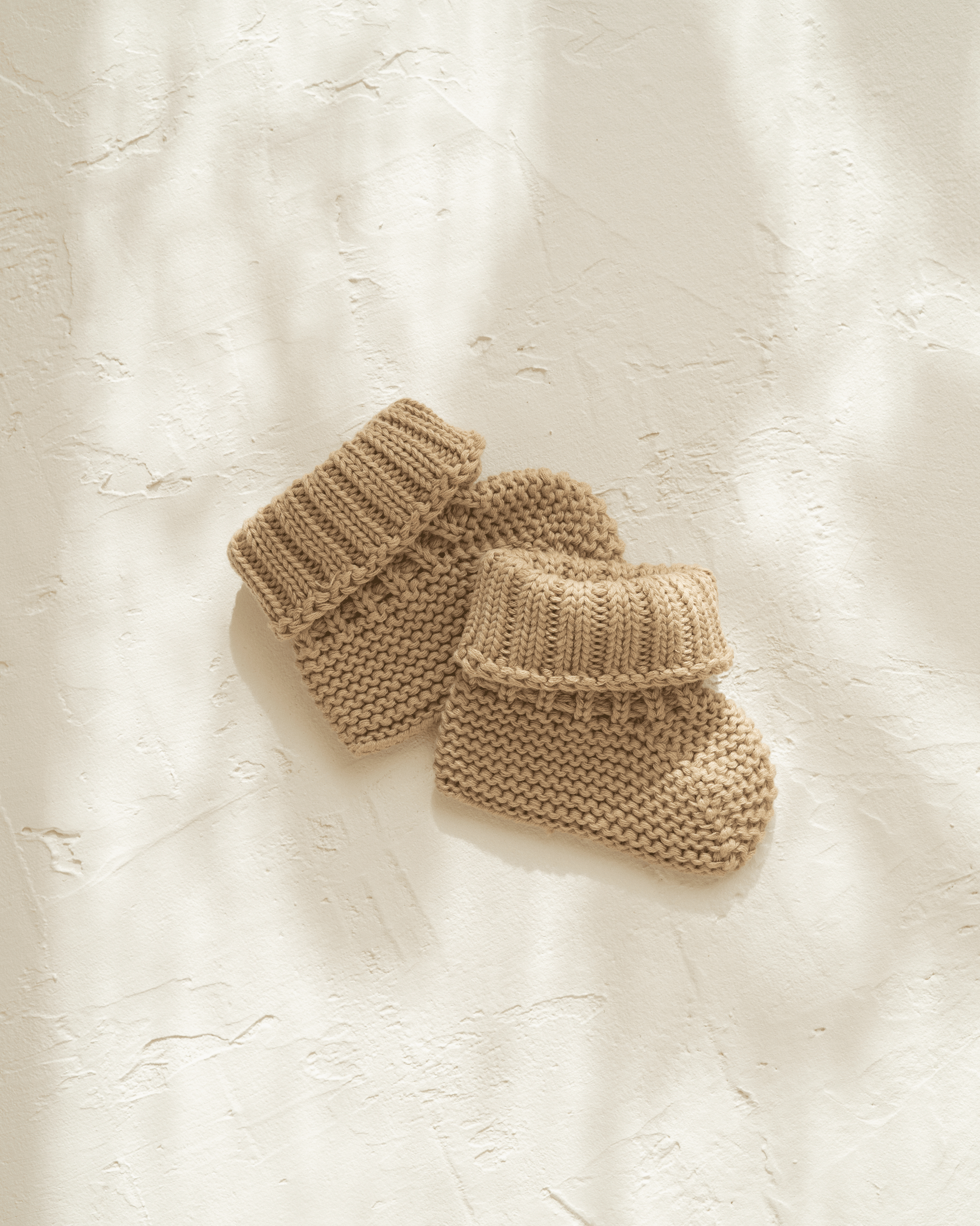knitted cotton baby booties. Olive colour