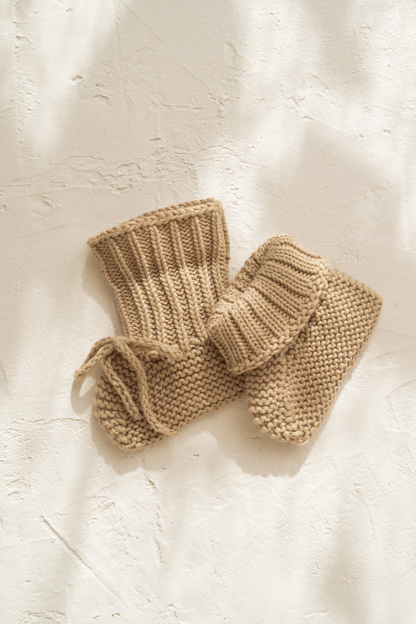 knitted cotton baby booties. Olive colour