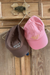 brown and pink cotton canvas caps with embroidery by illoura the label