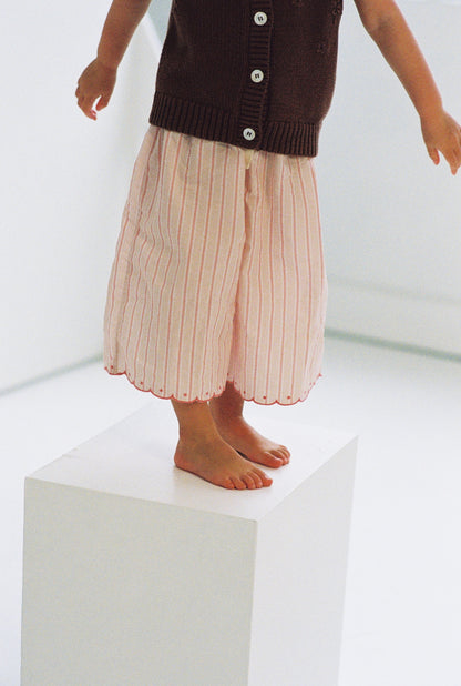girls woven cotton wide leg pants with scalloped edging and pink stripe pattern