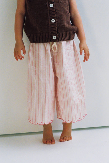 girls woven cotton wide leg pants with scalloped edging and pink stripe pattern