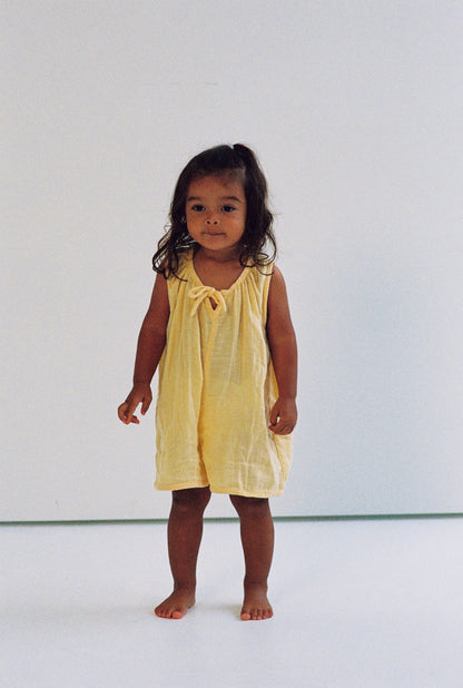 girls woven cotton overalls romper in butter yellow