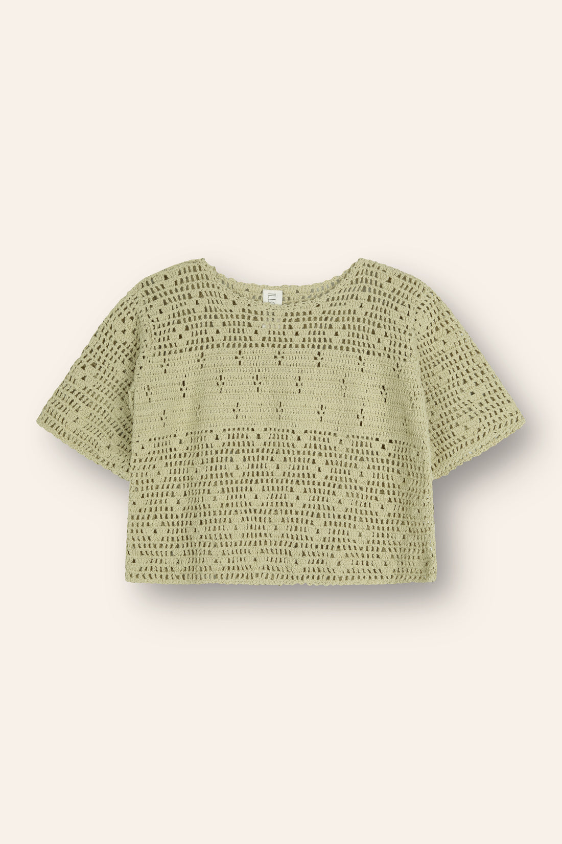 100% cotton moss coloured crochet top featuring floral filet design