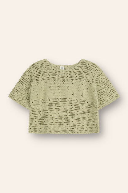 100% cotton moss coloured crochet top featuring floral filet design