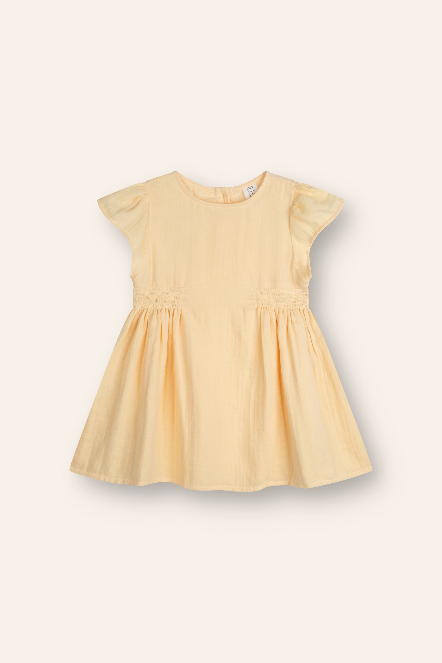 butter yellow mini dress for girls with flutter sleeves and shirring