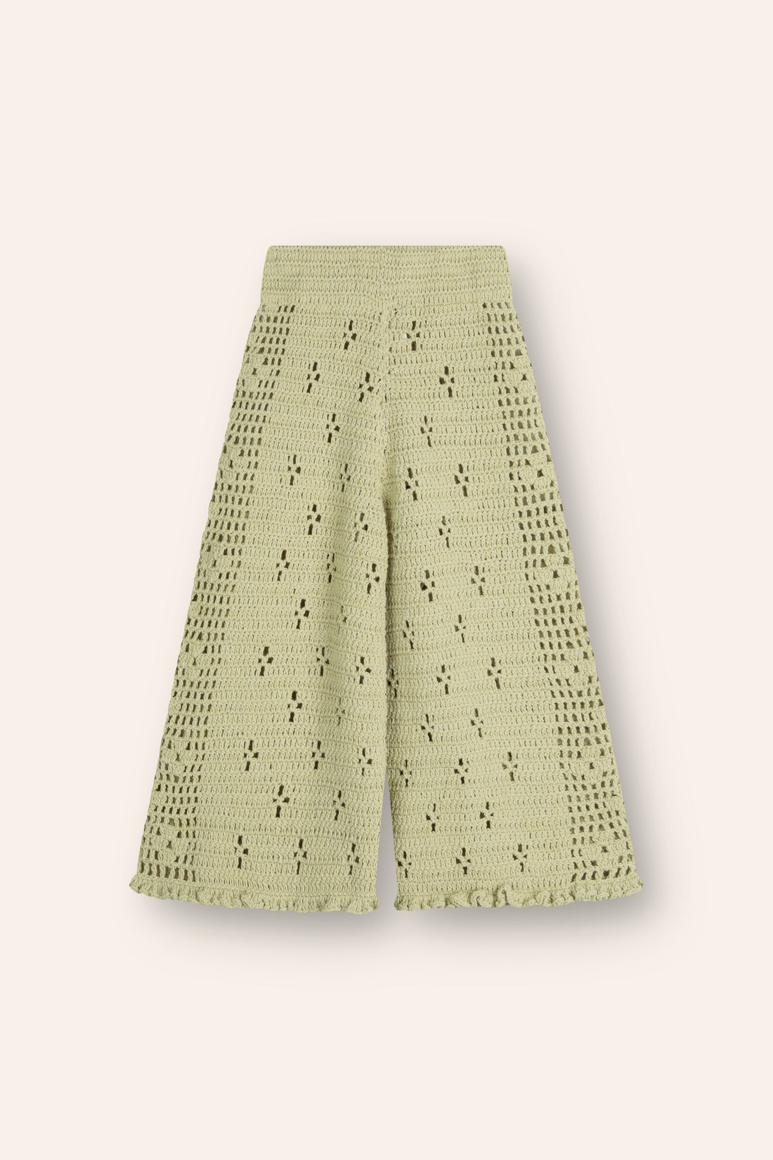 100% cotton crochet pants in moss colour with an elasticated waist and floral filet design throughout