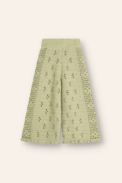 100% cotton crochet pants in moss colour with an elasticated waist and floral filet design throughout