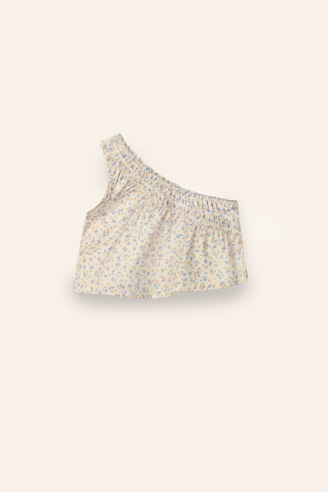 girls one shoulder floral print top in 100% cotton poplin with gathering detail