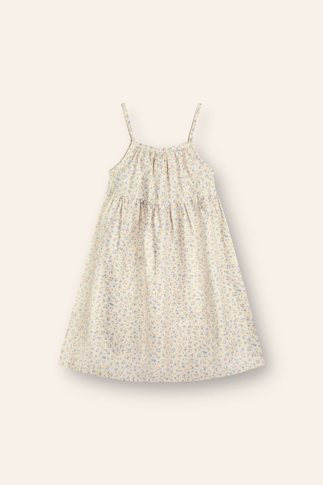 girls 3/4 length floral print dress made from 100% cotton poplin featuring thin straps and soft gathers at waist
