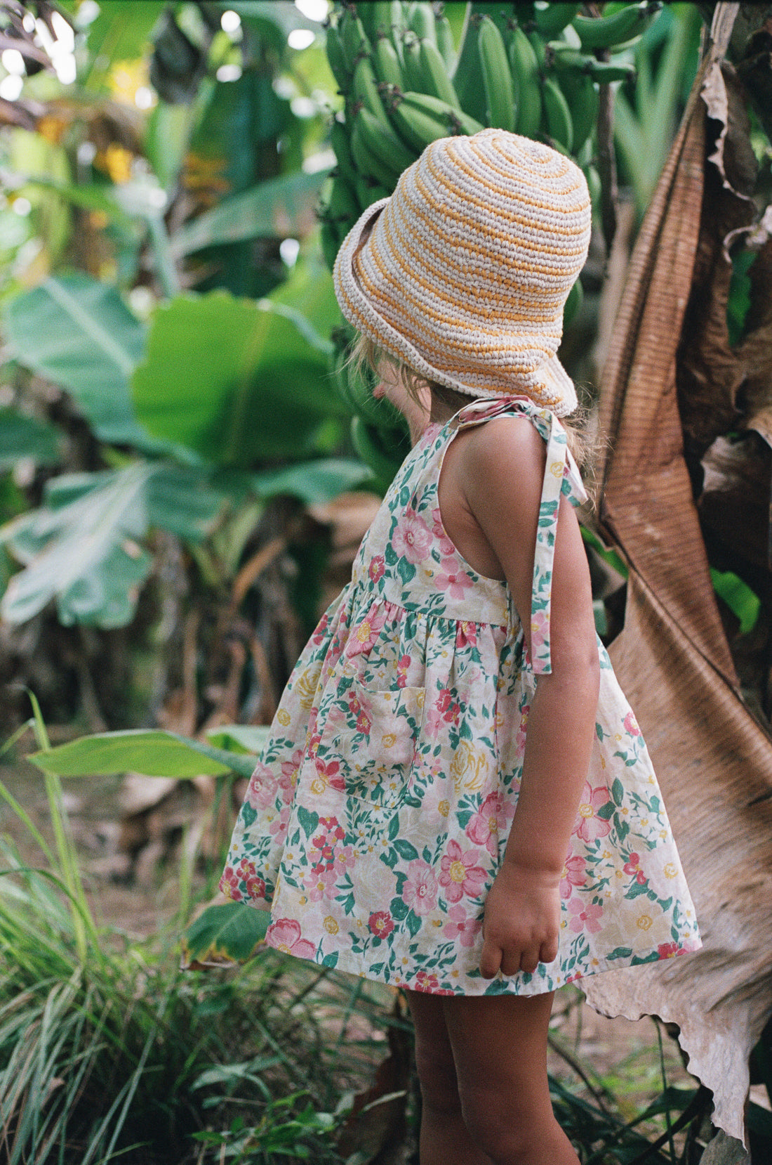 girl wearing handmade cotton crochet wide brim hat by Illoura the label
