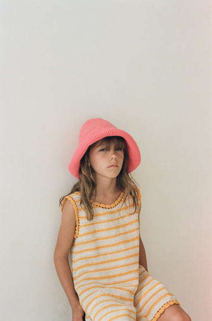 girl wearing handmade cotton crochet dress by Illoura the label