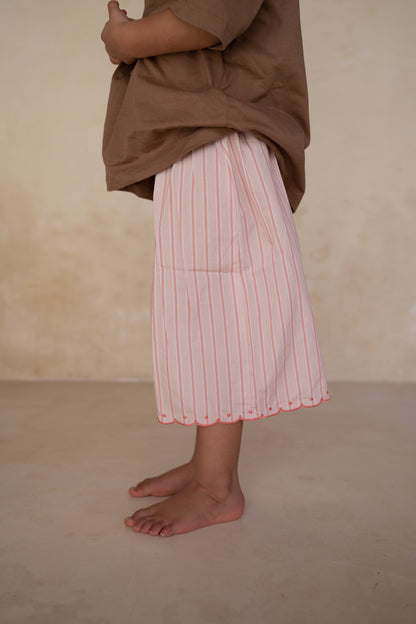 girls woven cotton wide leg pants with scalloped edging and pink stripe pattern