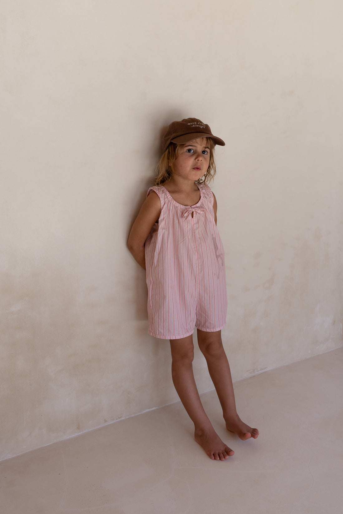 girls woven cotton overalls romper pink stripe