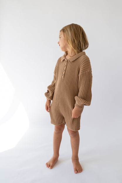 Long Sleeve Essential Ribbed Knit Unisex Romper | Chocolate