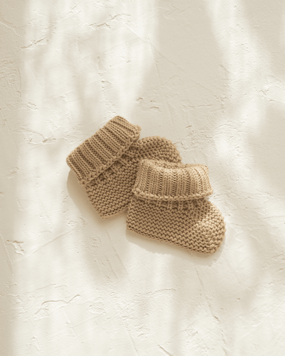 knitted cotton baby booties. Olive colour