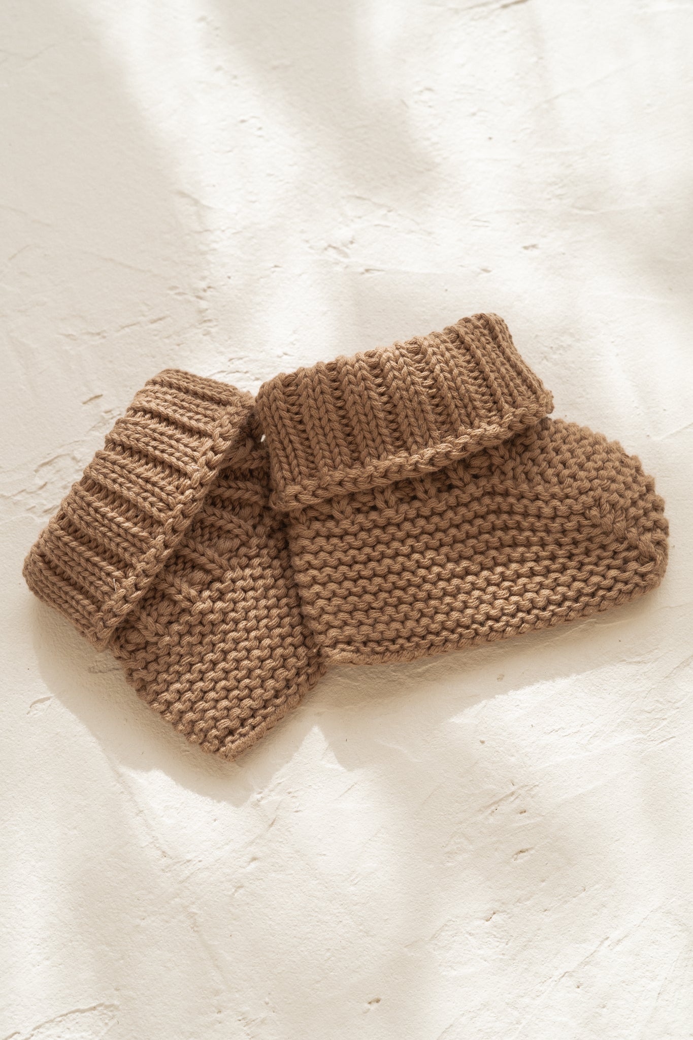 knitted cotton baby booties. Chocolate colour